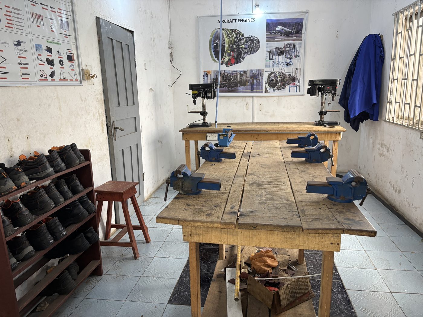 Engineering workshop with benches and drill presses